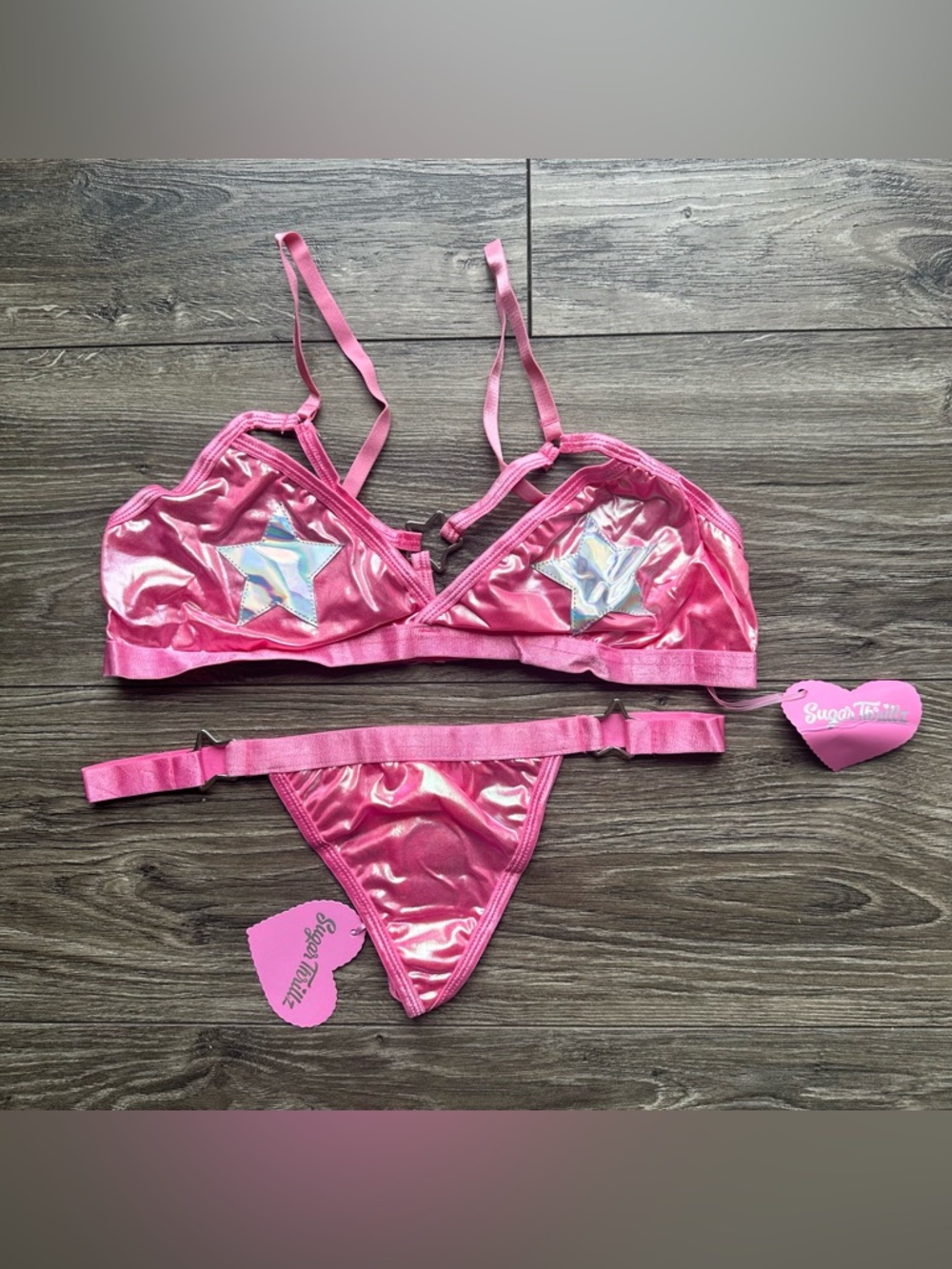 Dolls Kill Sugar Thrillz Shiny Pink Star Bralette & Thong Set Large Festival
